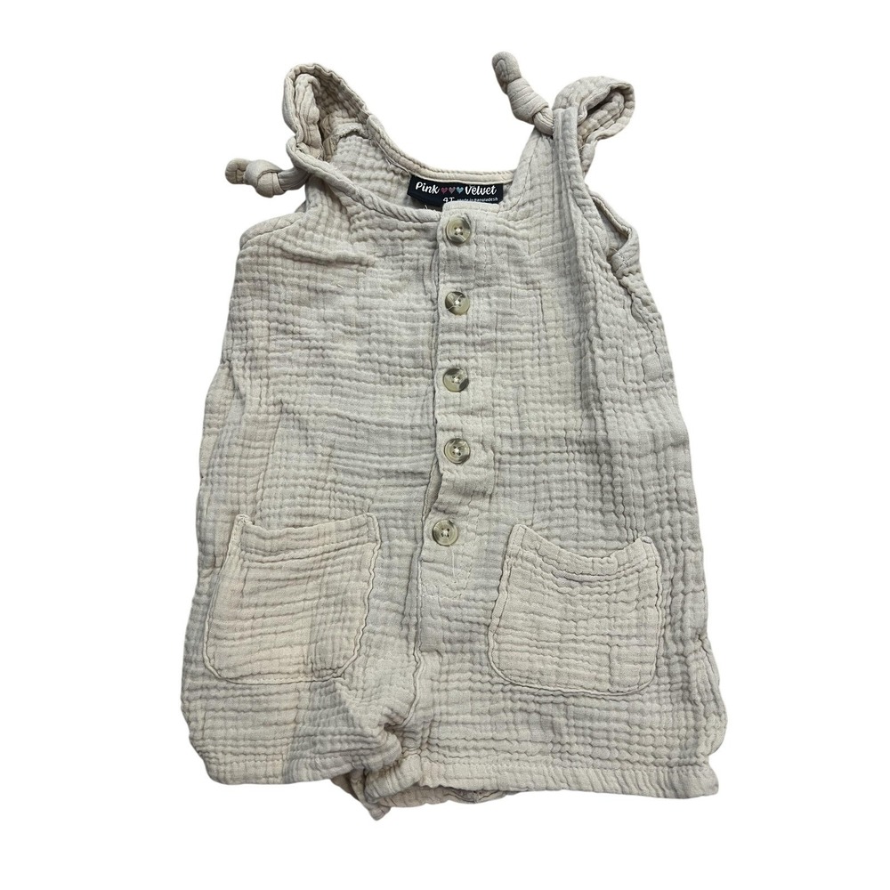 Pink Velvet Romper Girls 4T Beige Cotton Gauze‎ Button Front Tie Straps Pockets